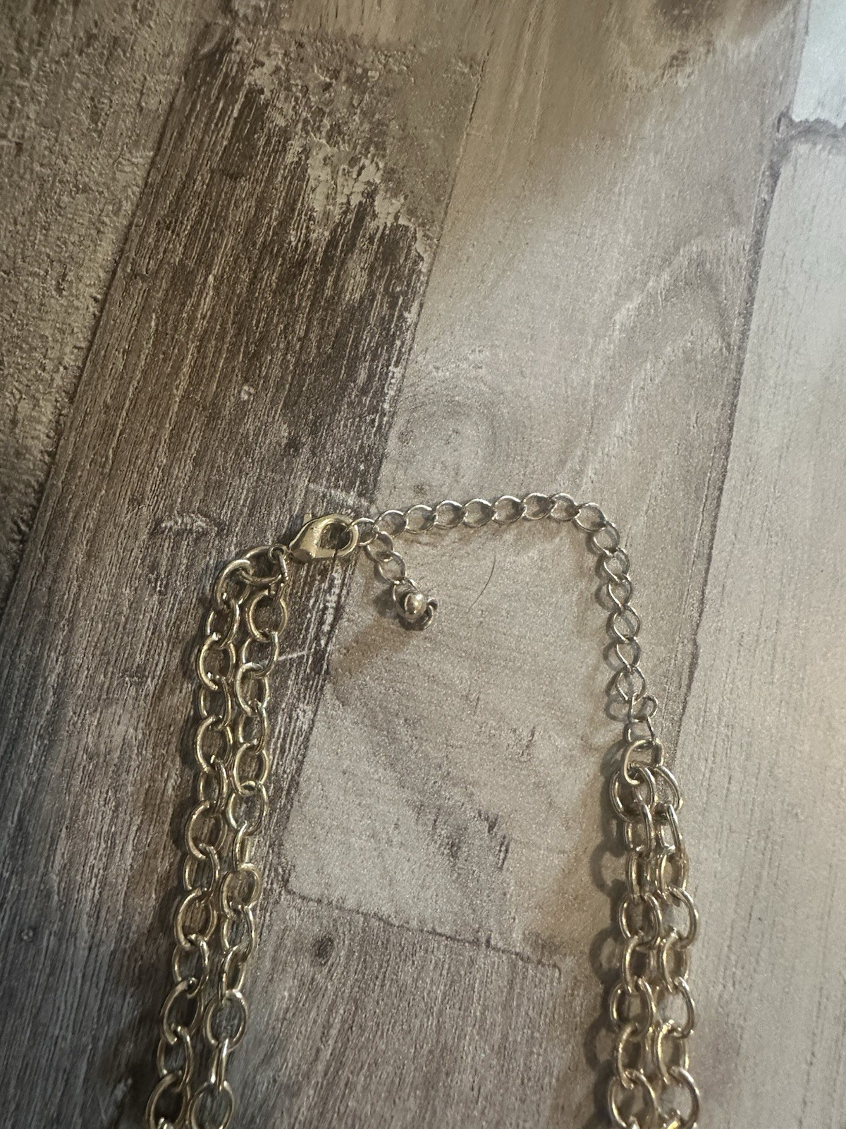 Gold Tone Layered Oval Link Chain Necklace Blue Brown Glass Beads, Adjustable