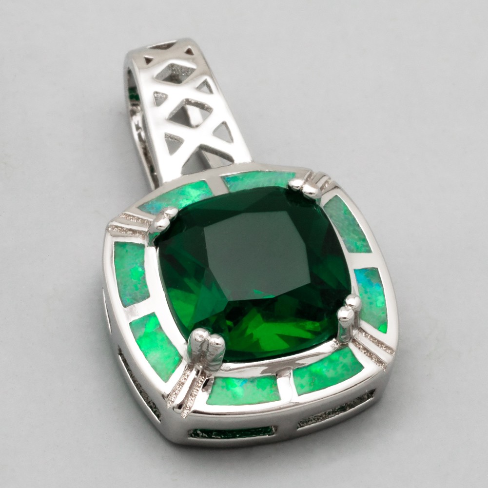 8×8 Simulated Emerald Green Fire Opal Silver Filled Jewelry Necklace Pendant