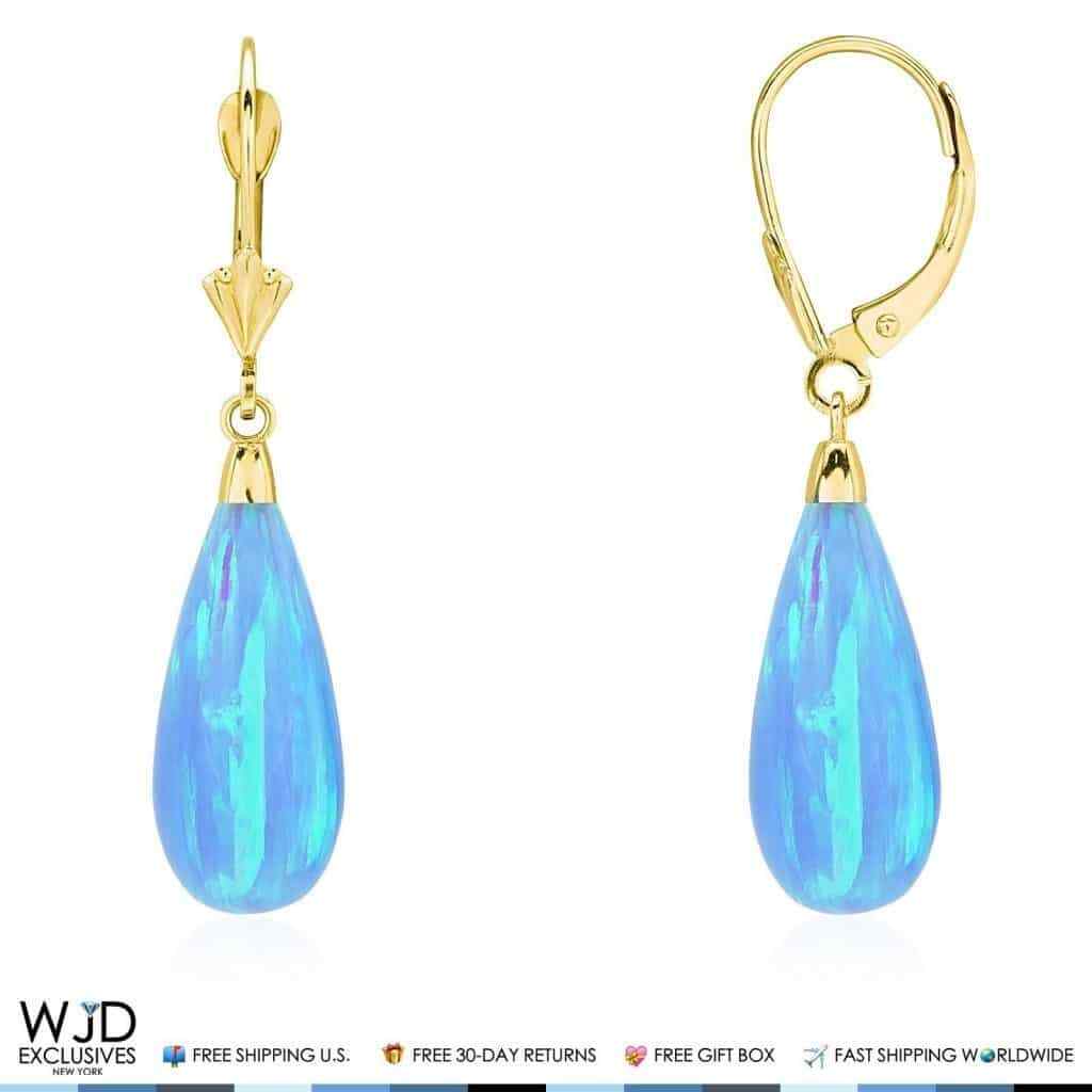 14k Yellow Gold Fire Opal Teardrop Leverback Earrings 1.5″