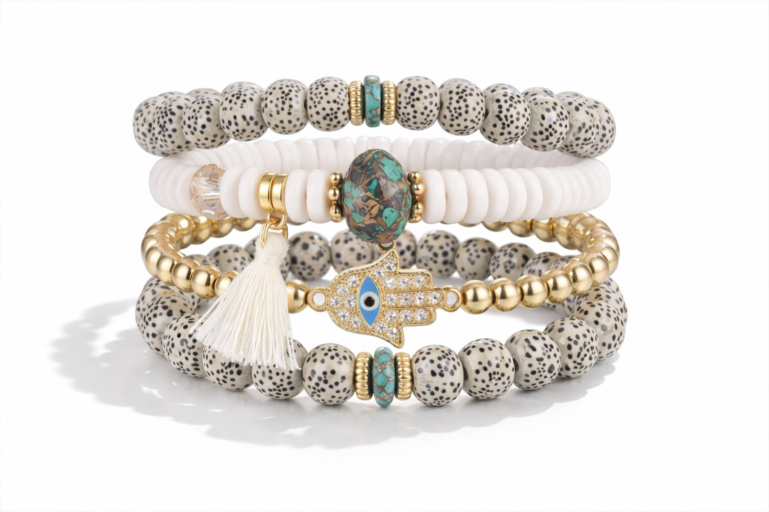 4-Piece Hamsa Hand Evil Eye Bracelet Set Dalmatian Jasper Turquoise Beaded Stack