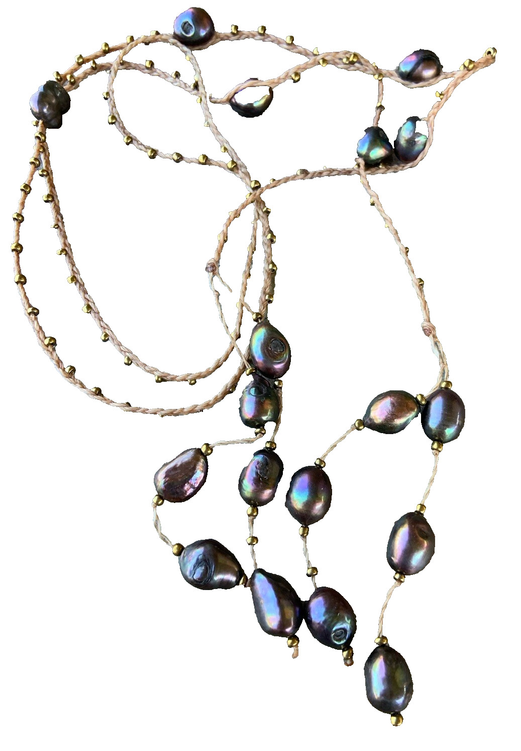 Beaded Iridescent Pearl Macrame Dangle Wrap Necklace
