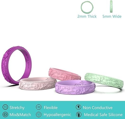 Silicone Wedding Rings for Women 7 Pack -Stackable Silicone Rubber Wedding Bands