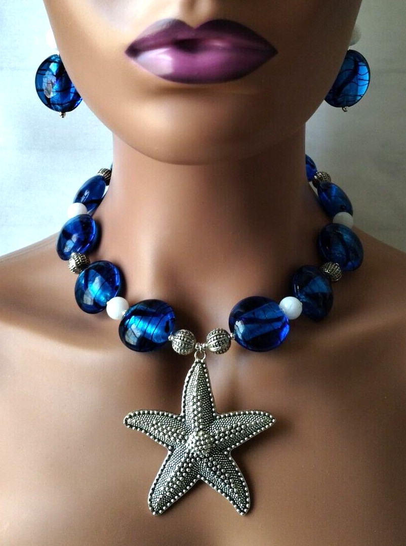 Silver Starfish Cobalt Blue Glass White Jade Designer Artisan Statement Set