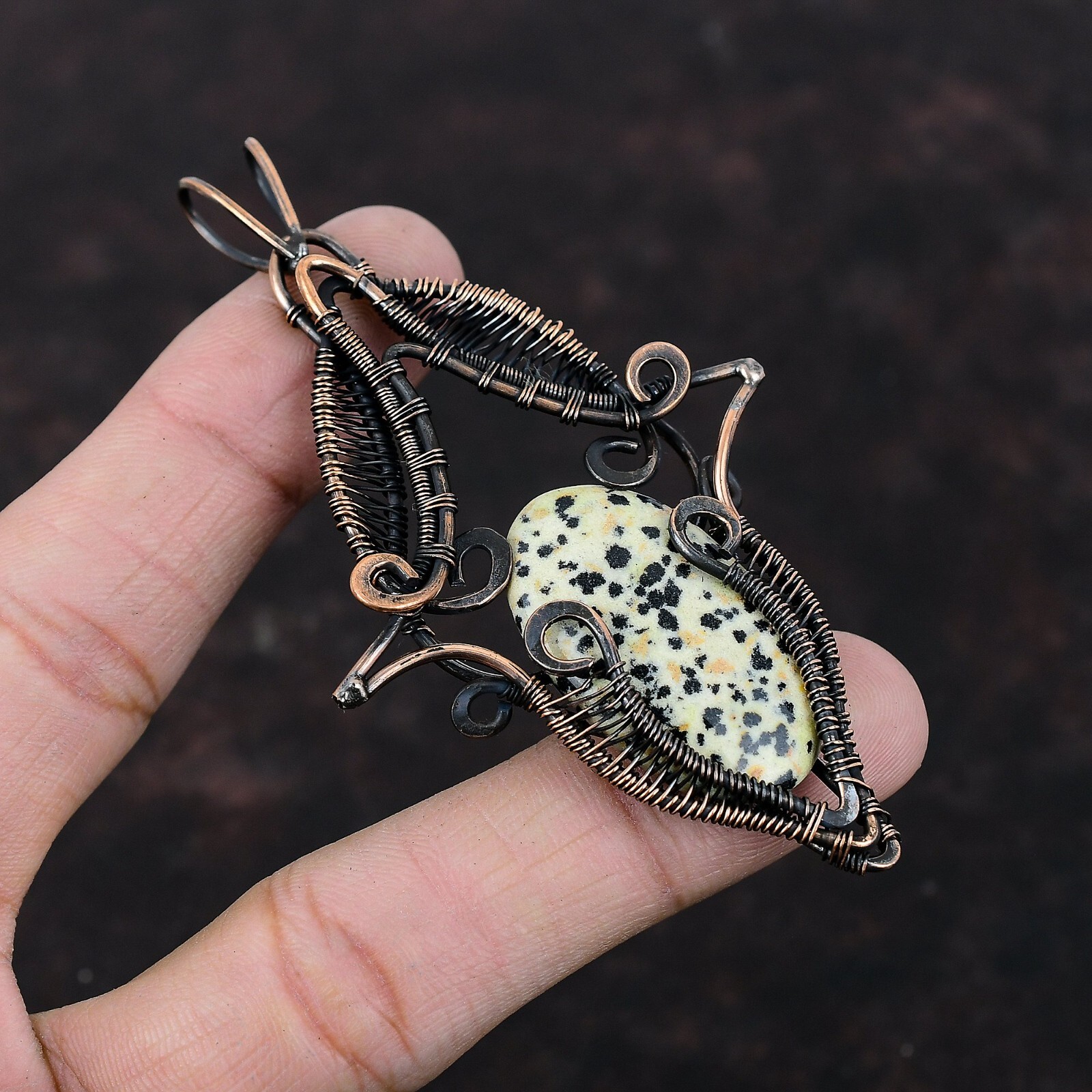 Dalmatian Jasper Gemstone Jewelry Copper Friend Gift Wire Wrapped Pendant 3.58″