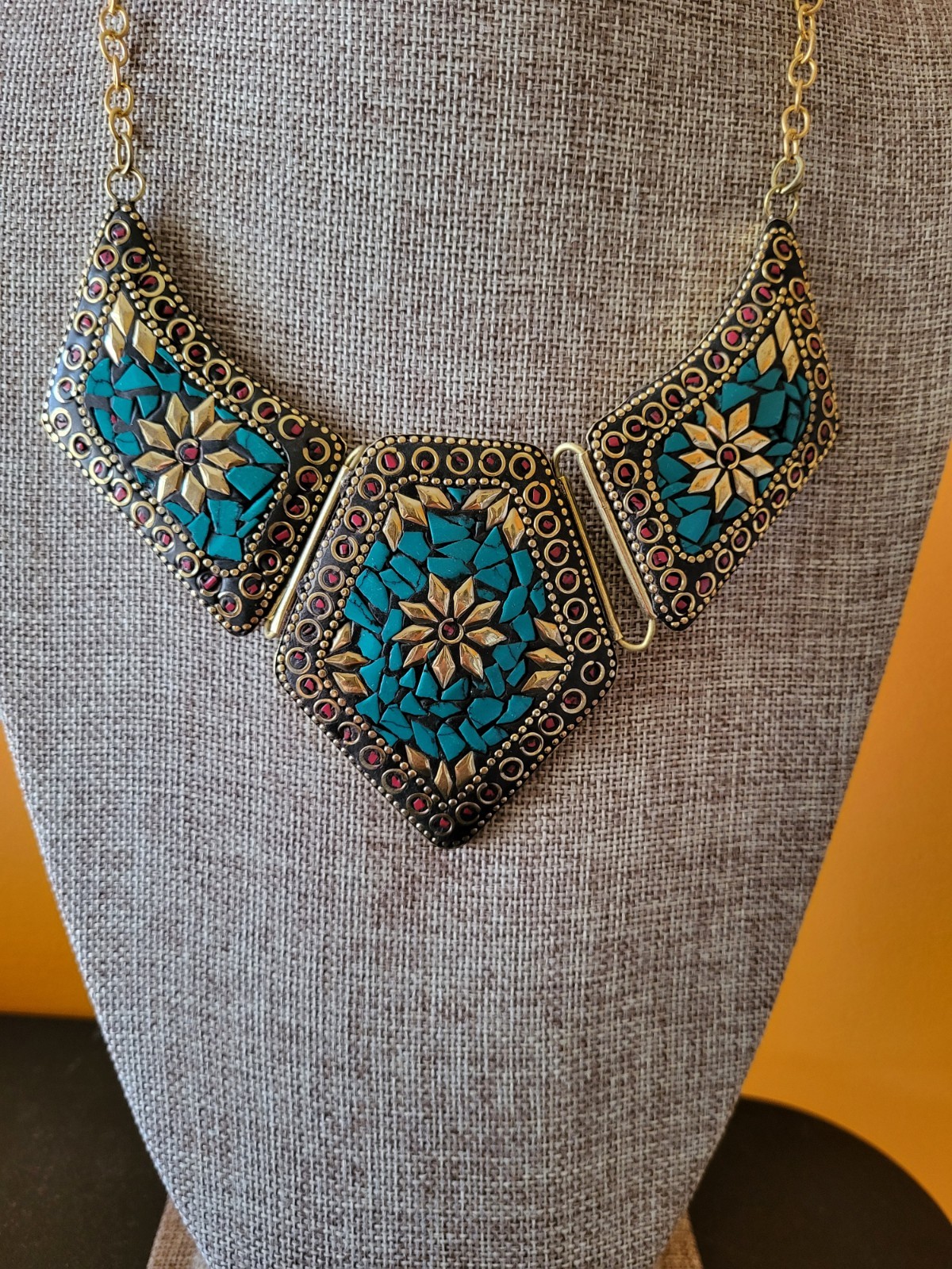 Tibetan-style solid brass bib necklace inlaid turquoise-like blue stones