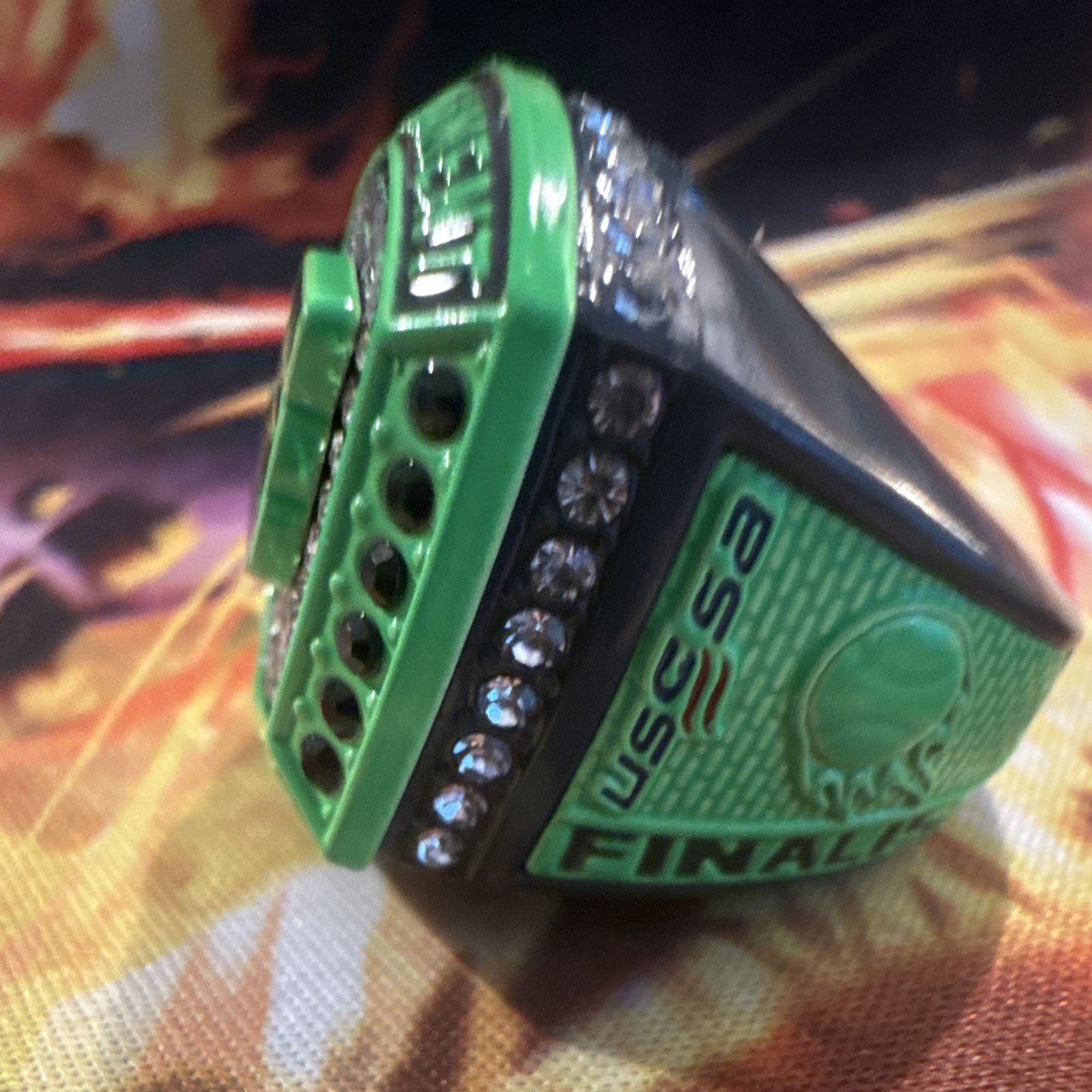 USSSA Shield Championship Ring Size 12 Green/Black Clear Crystal Pavé Enamel