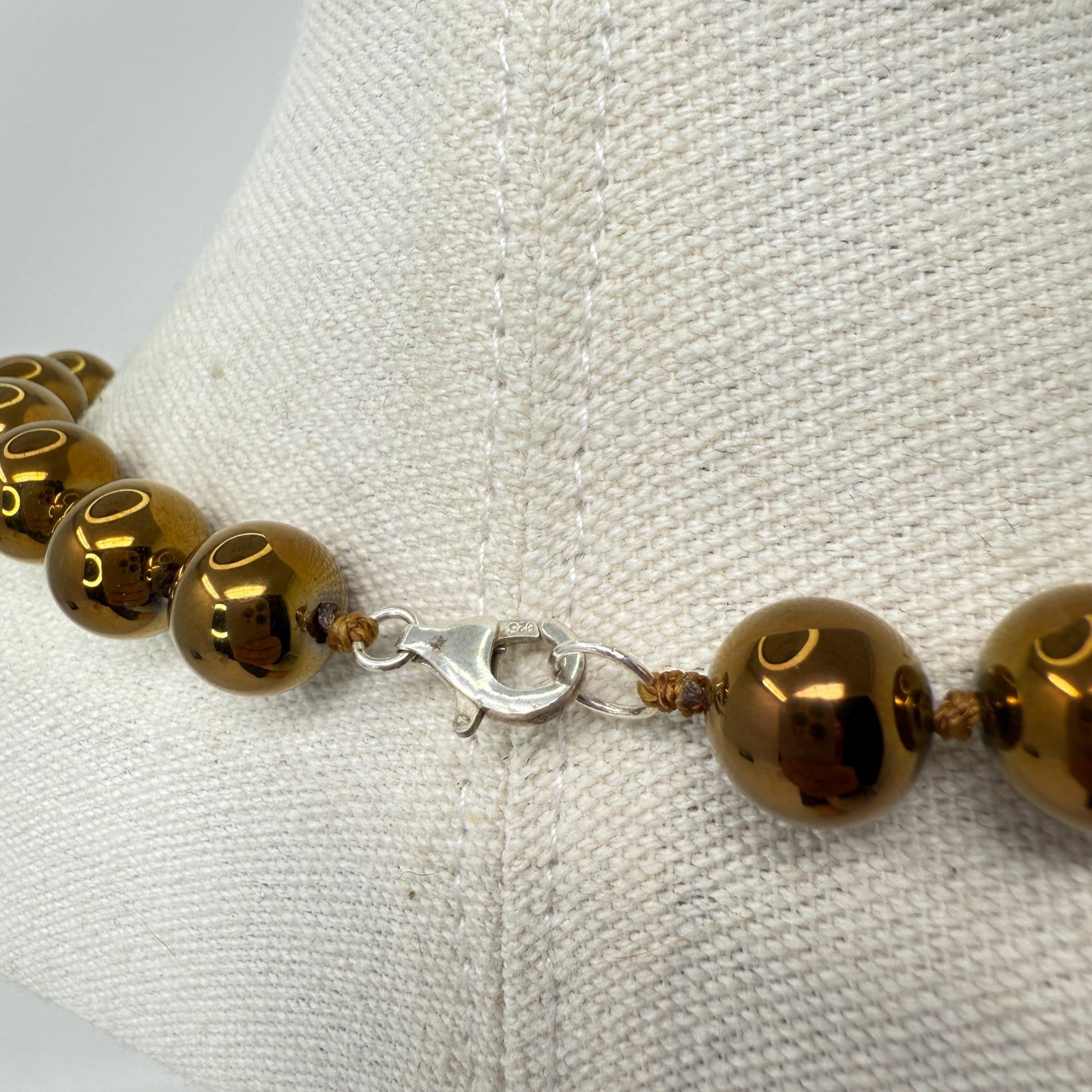 Metal Beaded Necklace Heavy Bronze Tone Knotted Sterling Clasp Statement