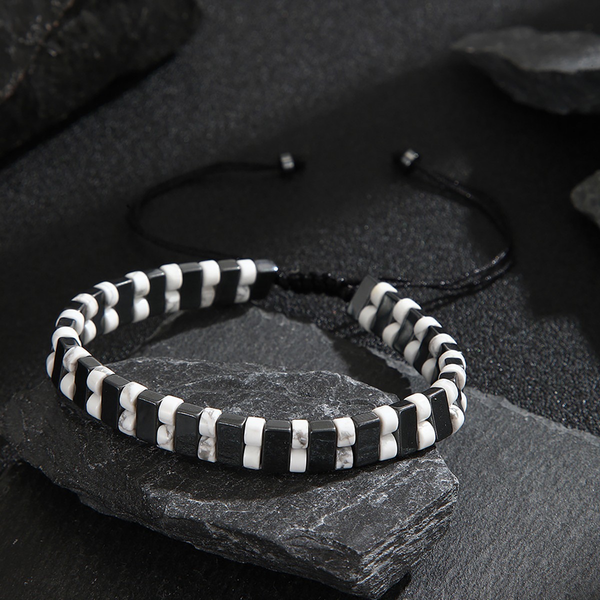 Hematite White Turquoise Square Bead Adjustable Bracelet Confidence Men Gift