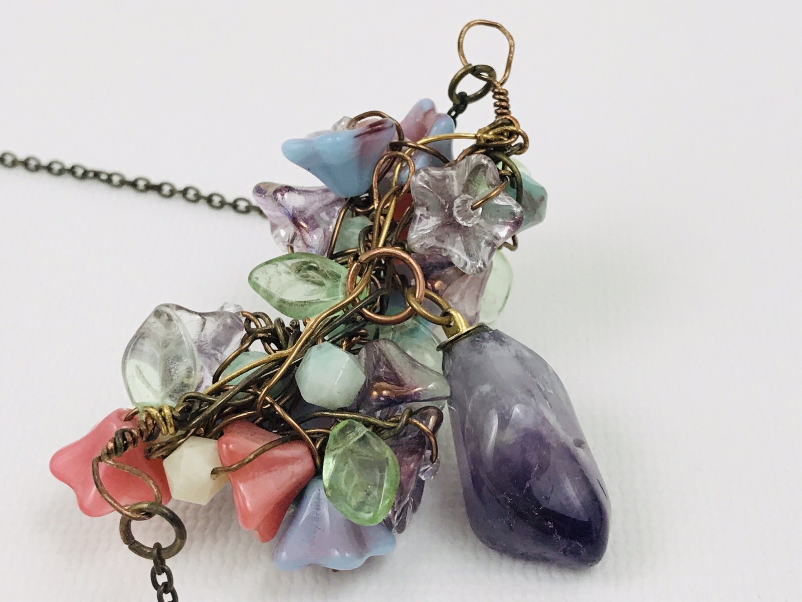 Amethyst Cluster Stone Drop Wire Wrap Necklace Glass Flower 18.5″