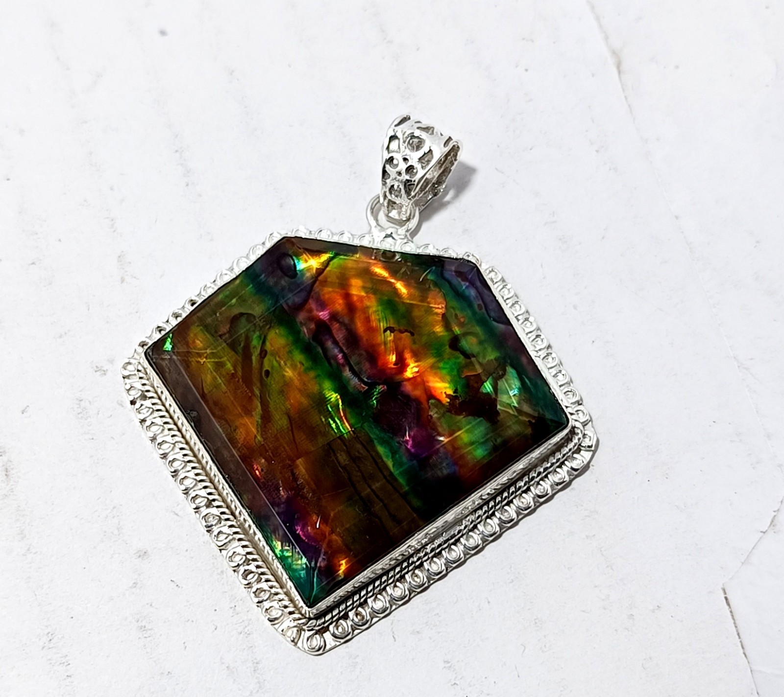 107.50 Ct Natural Ammolite 925 Solid Silver Rainbow PENDANT Certified Gemstone