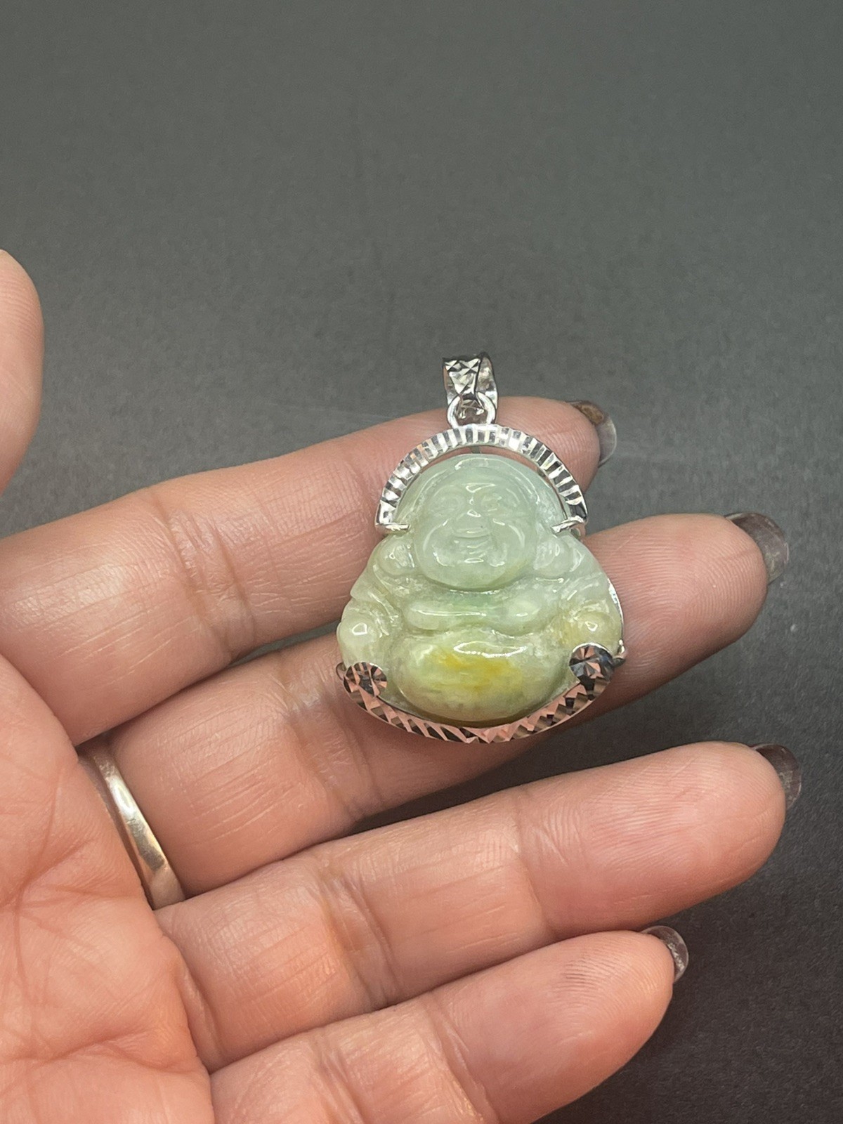 Maitreya Laughing Buddha 100% Natural Jade with Silver . Hand sculpted.No Dyed.