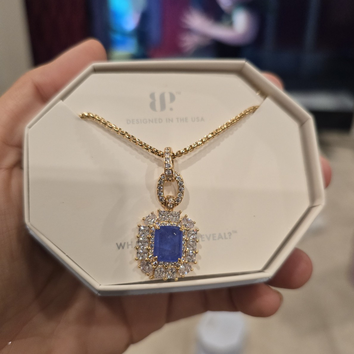 Gold Plated Lab-Created Blue Quartz Rectangle Pendant Necklace 18″ Adj NK73304