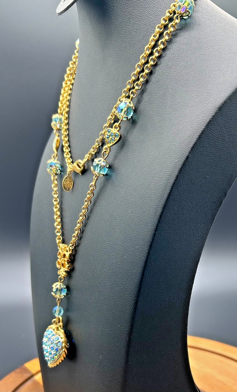 Vintage 1990s Kirks Folly Gold Tone Aurora Borealis Blue Crystal Heart Pendant