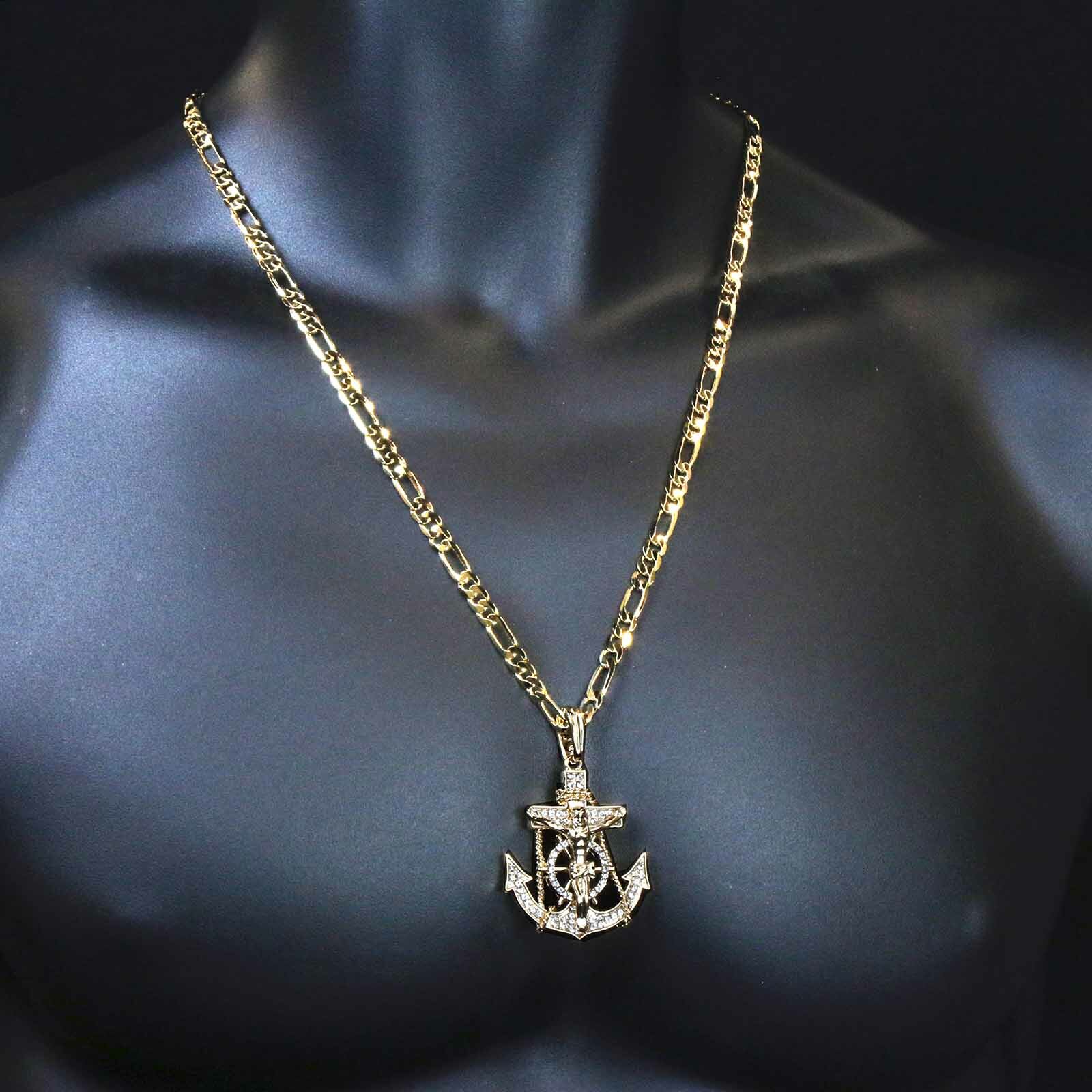 Hip Hop 14K Gold Plated Jesus Anchor Pendant Cubic-Zirconia 30″ Figaro Chain