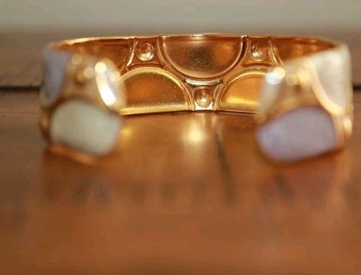 Gold Plated Stainless Steel French Retro Open Cuff Enamel Marble Bangle, S-M