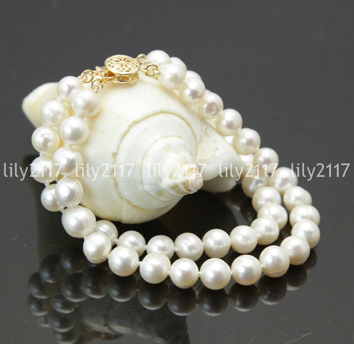 Real Natural 2 rows 7-8mm white freshwater cultured pearl bracelet 6.5-8.5″