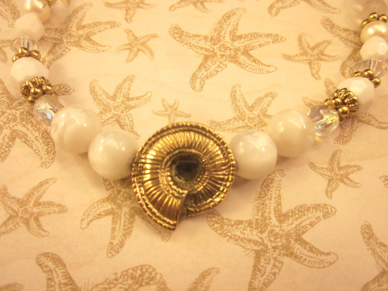 1928 Brand Seashell Pendant Necklace-Glass Crystals-Faux Pearls-15-18″ Gold Tone