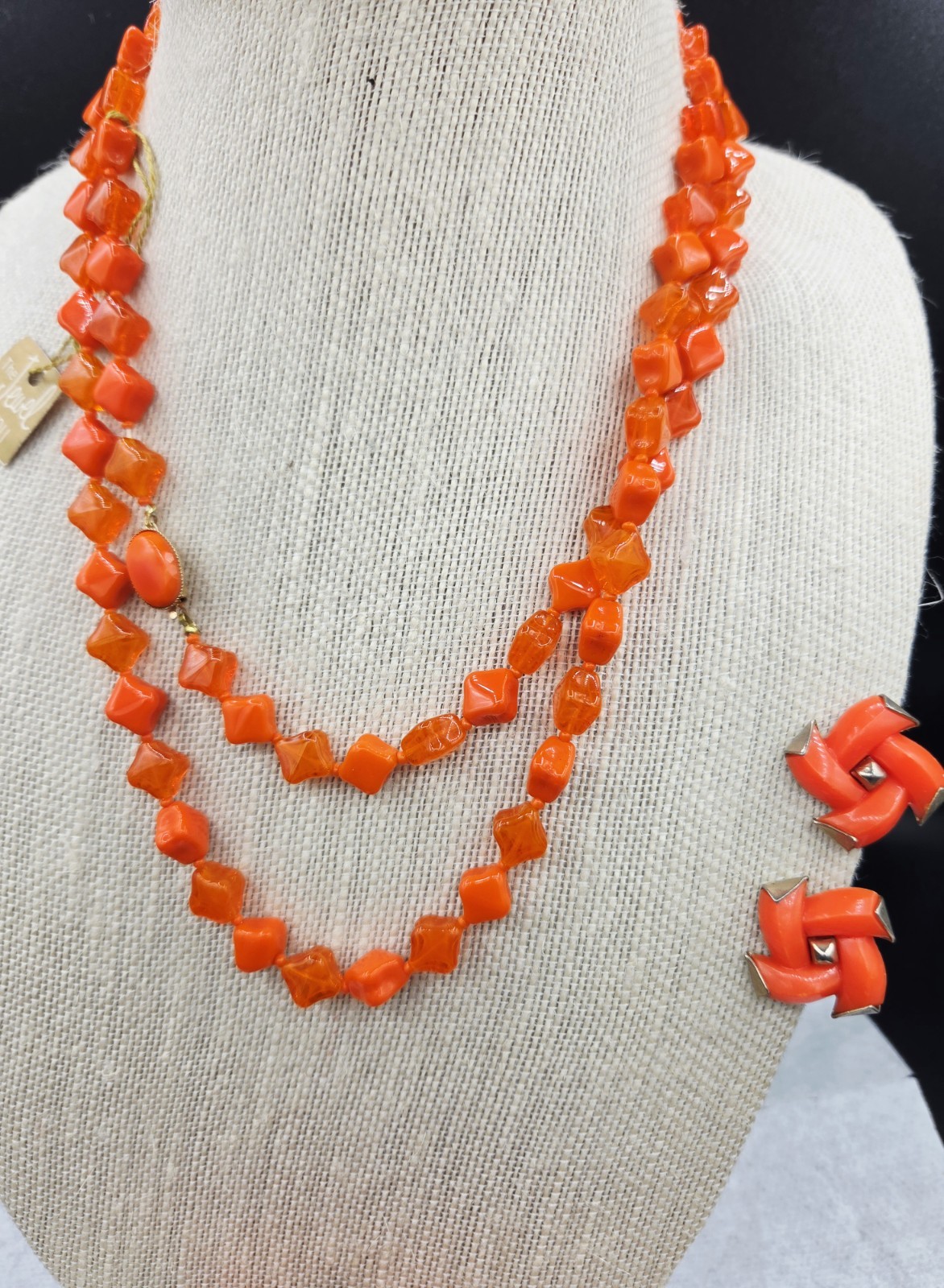 Necklace Set Orange Beaded New 40″ W Bicone Beads Clip On Earr & Bracelet 0252