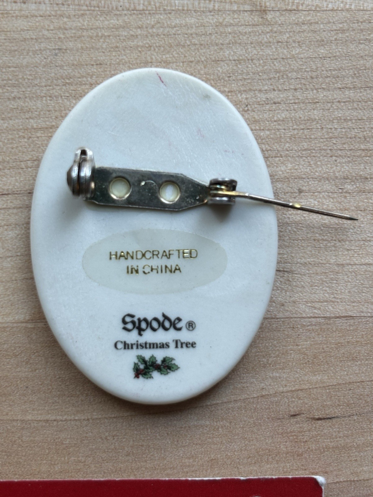 Spode Christmas Tree Oval Porcelain Pin Brooch 1.5 in