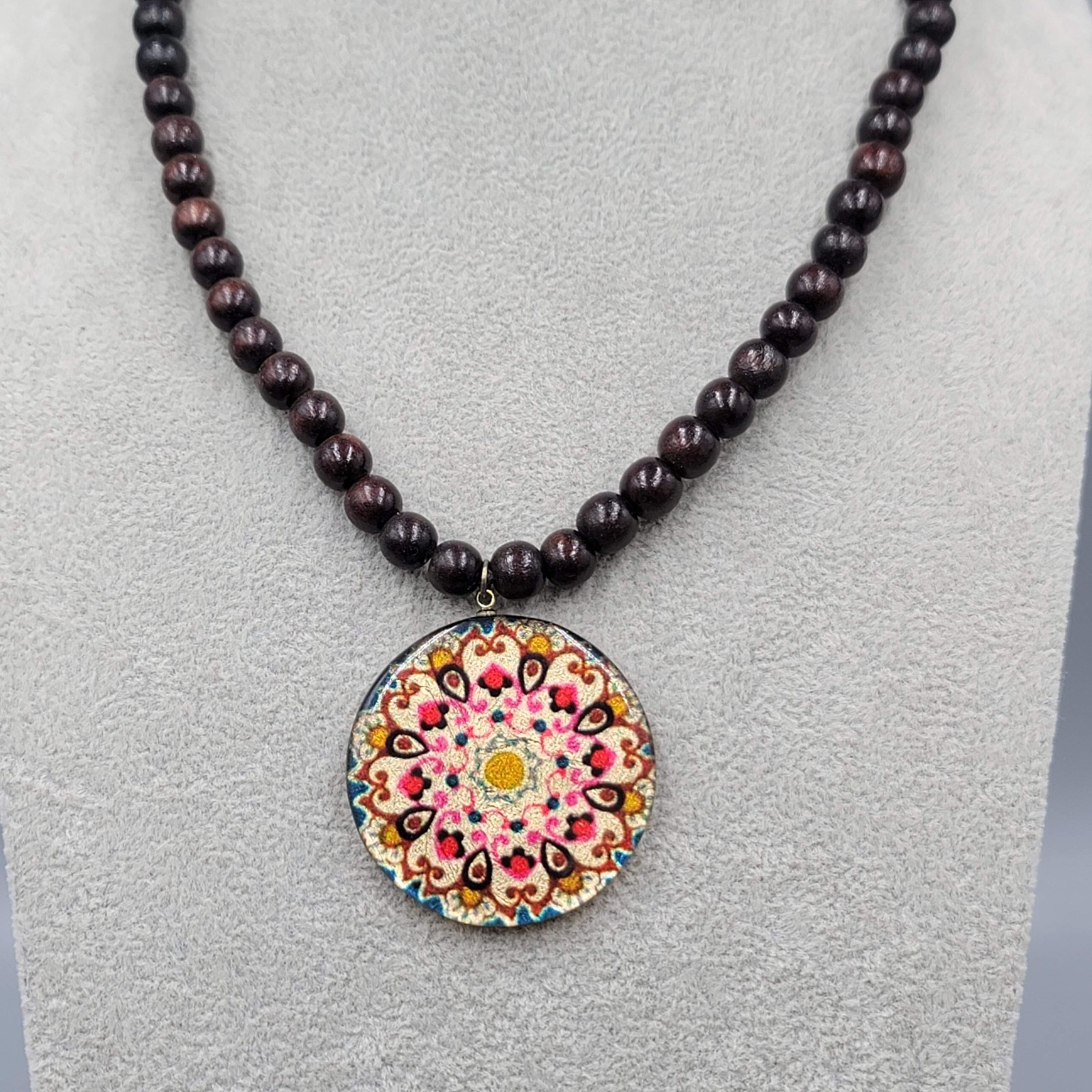Wood Bead Necklace Mandala Round Pendant 30 in