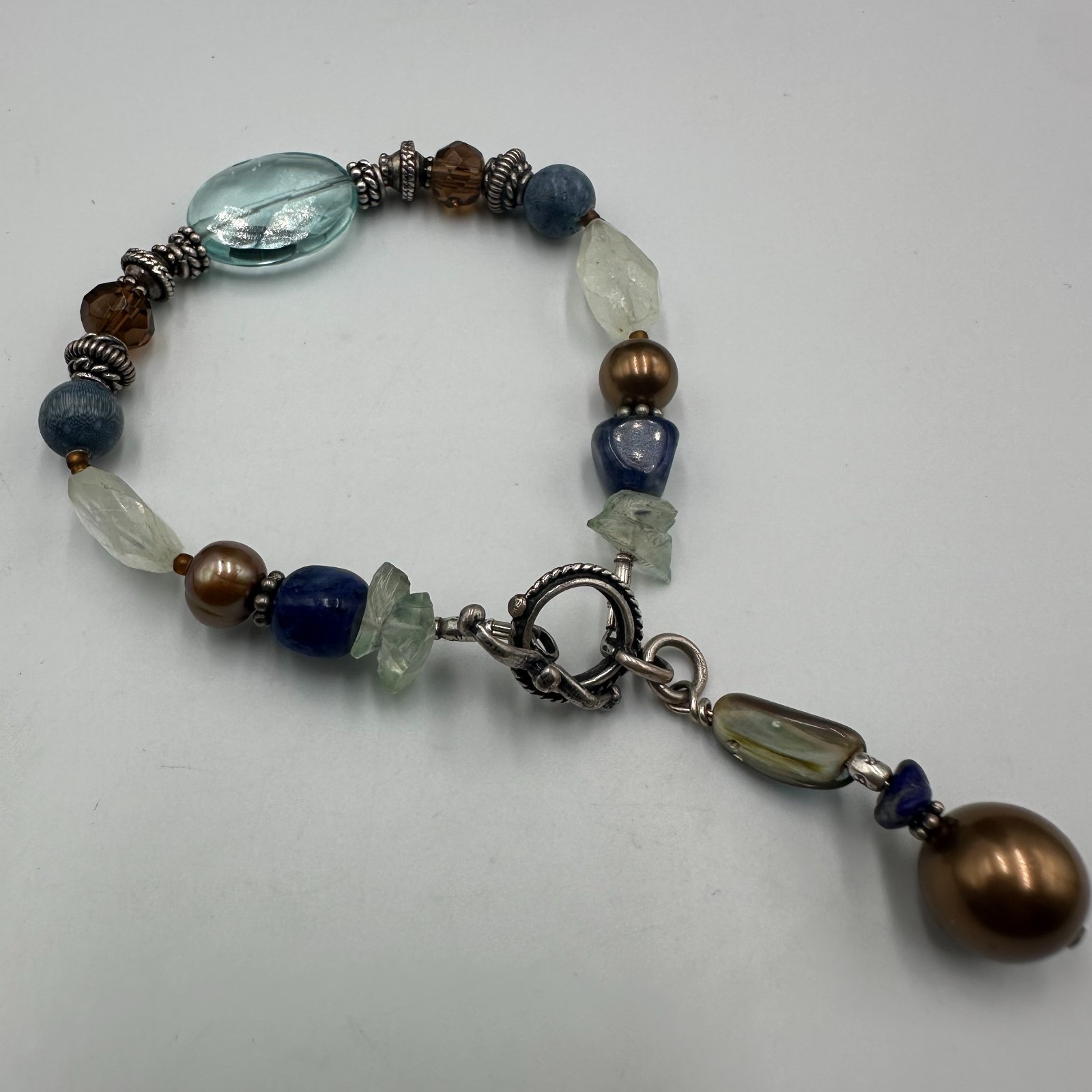 Artisan Beaded Bracelet Blue Brown Glass Beads Sterling Silver Toggle 7″