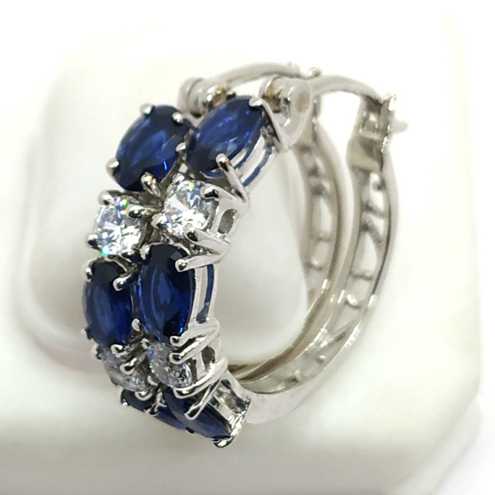 2.10 Ct Simulated Sapphire Hoop Earrings With Cz in 14K White Gold Plated Brass