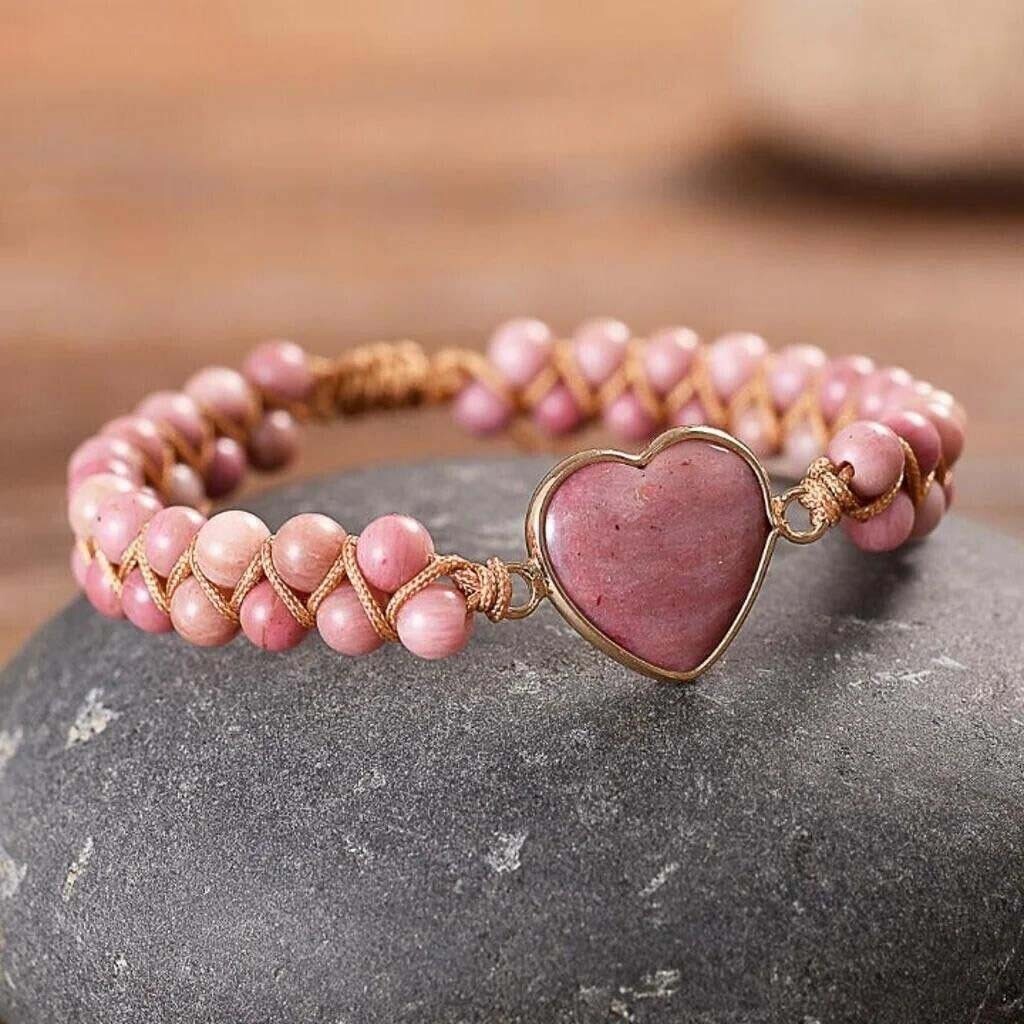 Rhodochrosite Heart Charm Women Girls Healing Handmade Braided Bracelet Gift USA