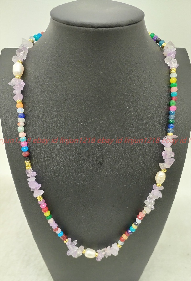 Natural 2x4mm Multicolor Jade Amethyst Crushed Stone White Pearl Necklace16-36in