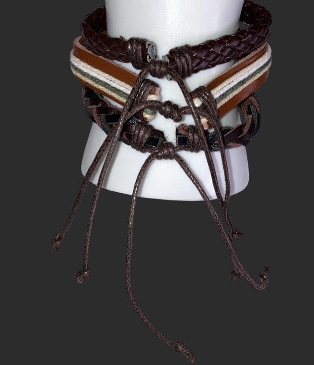 3 Pc Unisex Men Women Braided Weave Faux Leather Layered Stackable Bracelet NWOT