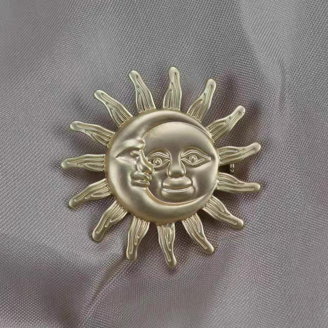 Vintage Celestial Sun & Moon Face Brooch Matte Gold Whimsical Mystical Lapel Pin