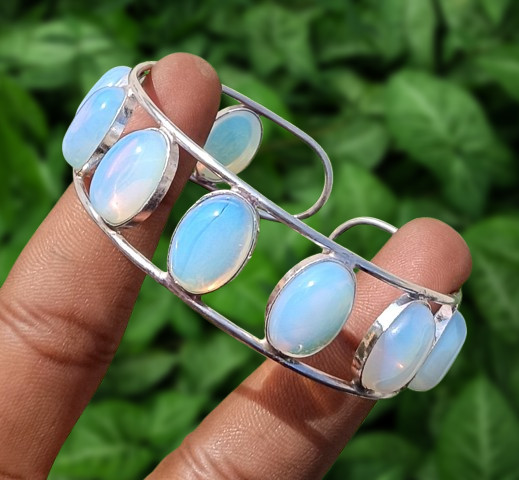Awesome Opalite Gemstone 10 Stone Cuff Bangle 925 Silver Plated Handmade Jewelry