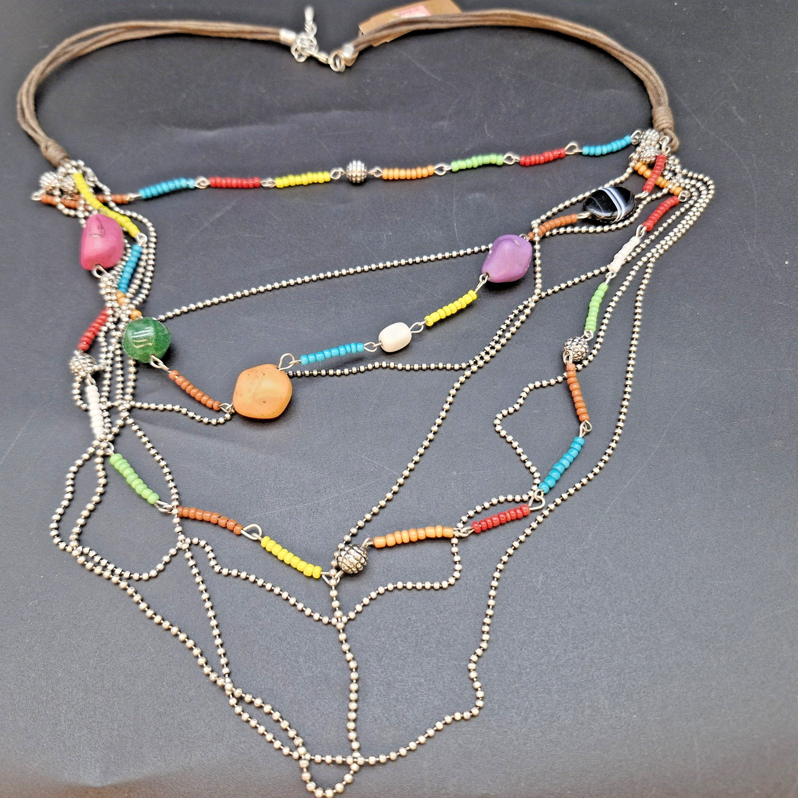 Treska Beaded Layered Statement Necklace Eclectic Colorful Stones Glass Boho NWT