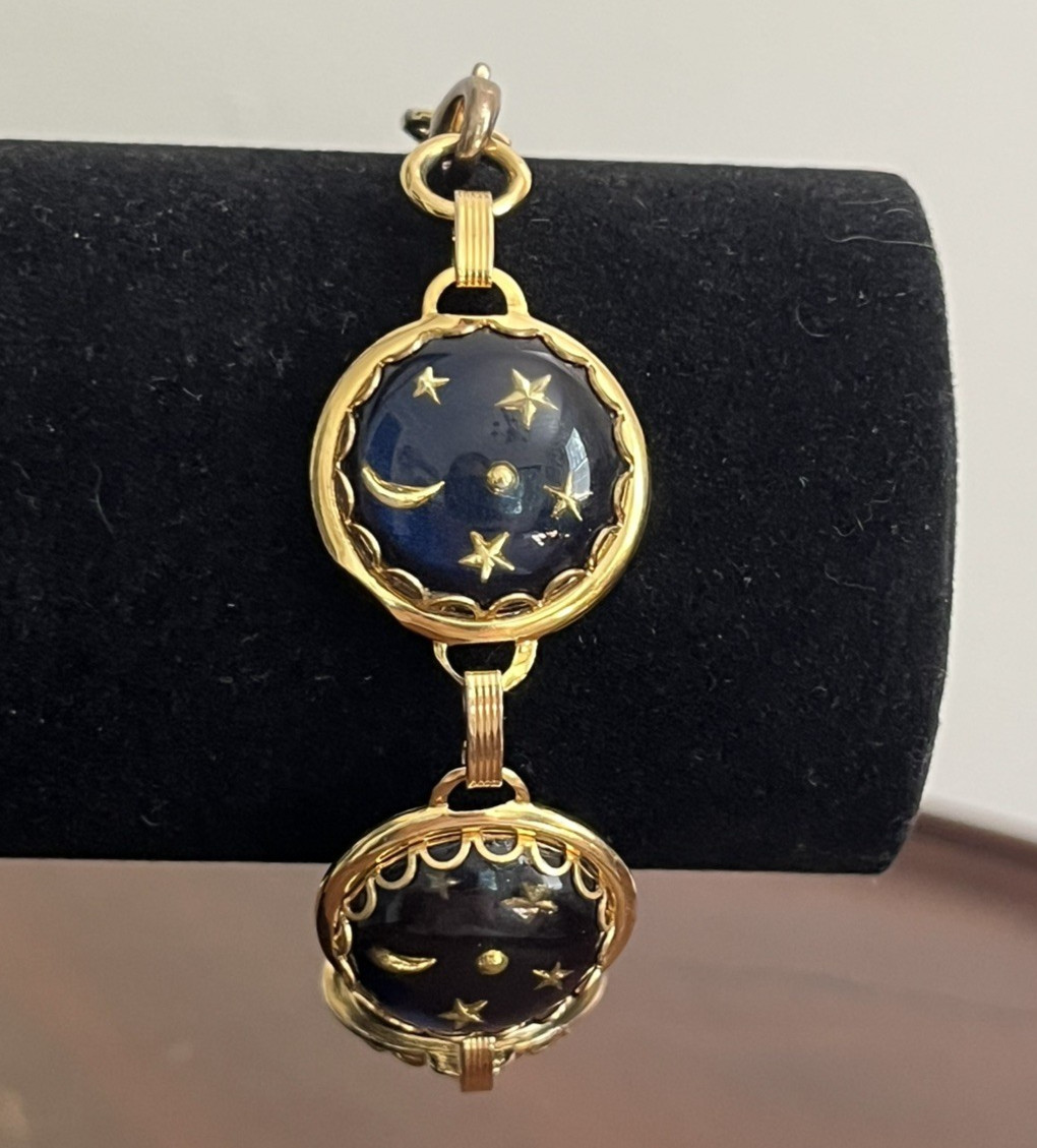 Blue and Gold Tone Celestial Bracelet Moon Stars Glass Dome 7.25″