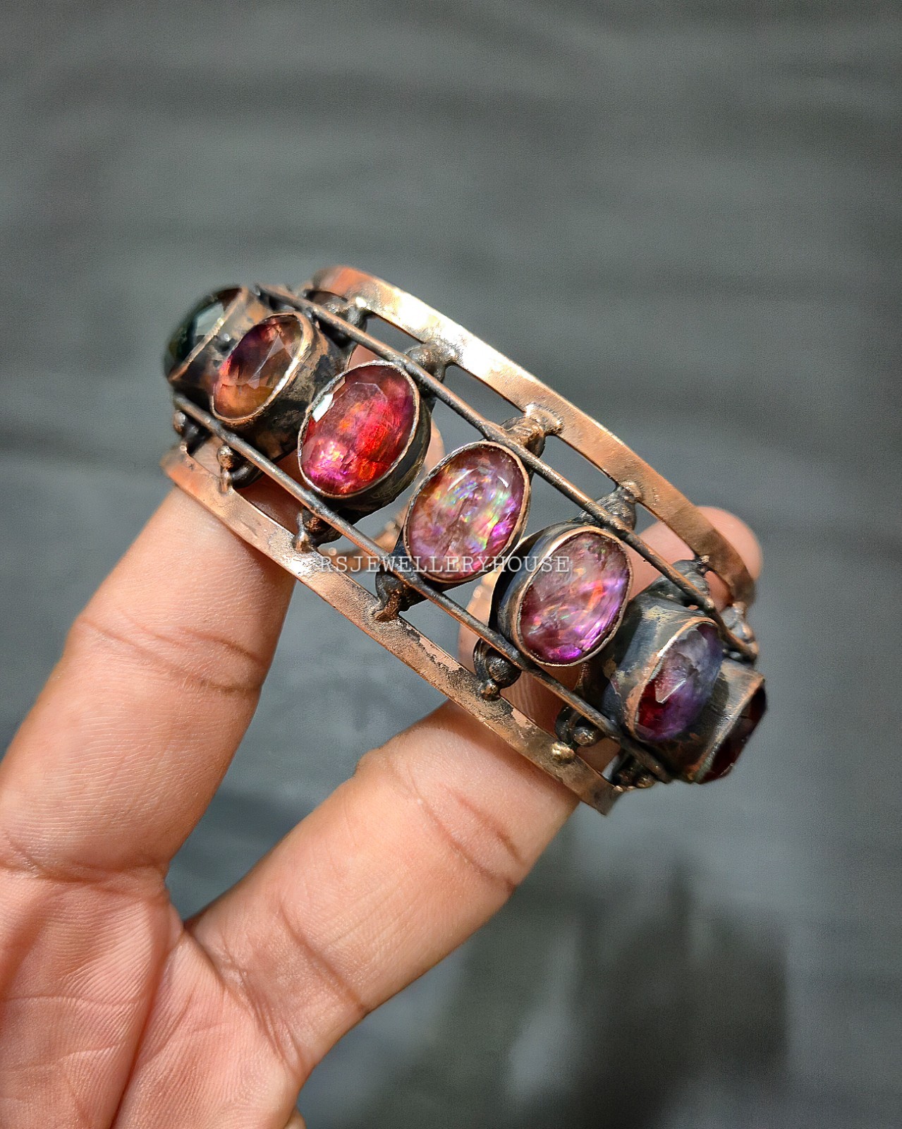 Copper Wire Wrapped Faceted Ammolite Gemstone Cuff Bangle Handmade Jewel Bangle