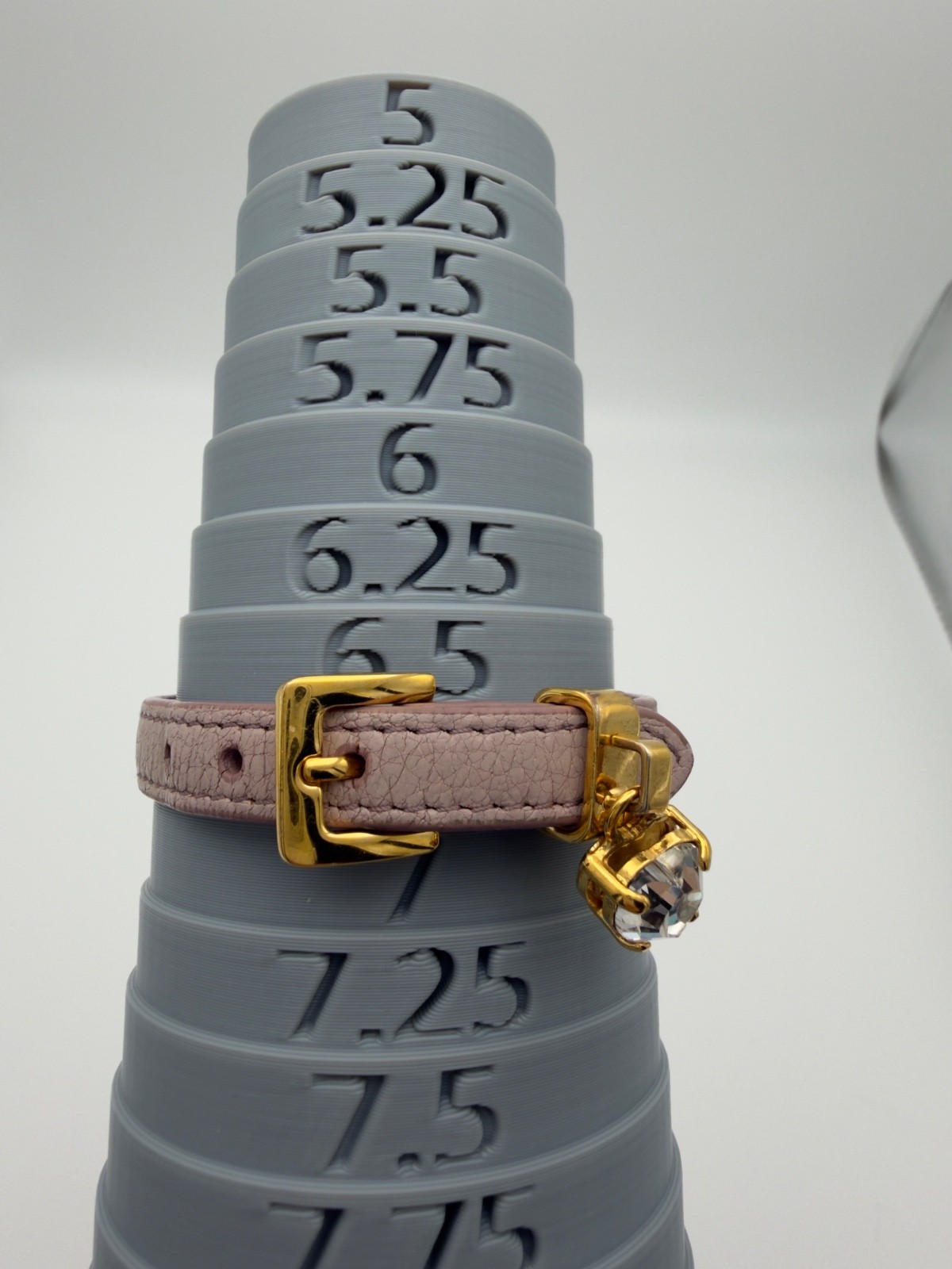 Authentic Miu Miu Pink Beige Leather Bracelet Crystal Charm Gold Tone Hardware