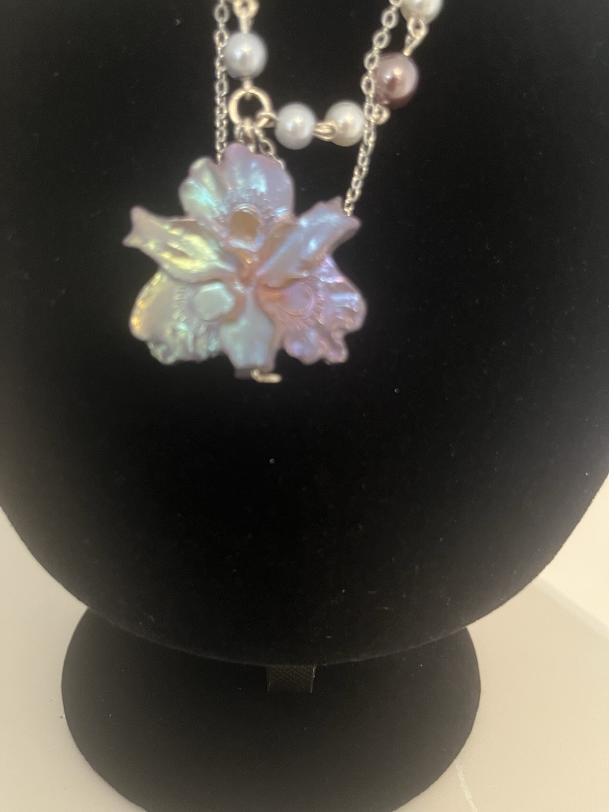 Layered Beaded Cable Chain Necklace Pearl/Crystal Flower Charm 12in Lobster