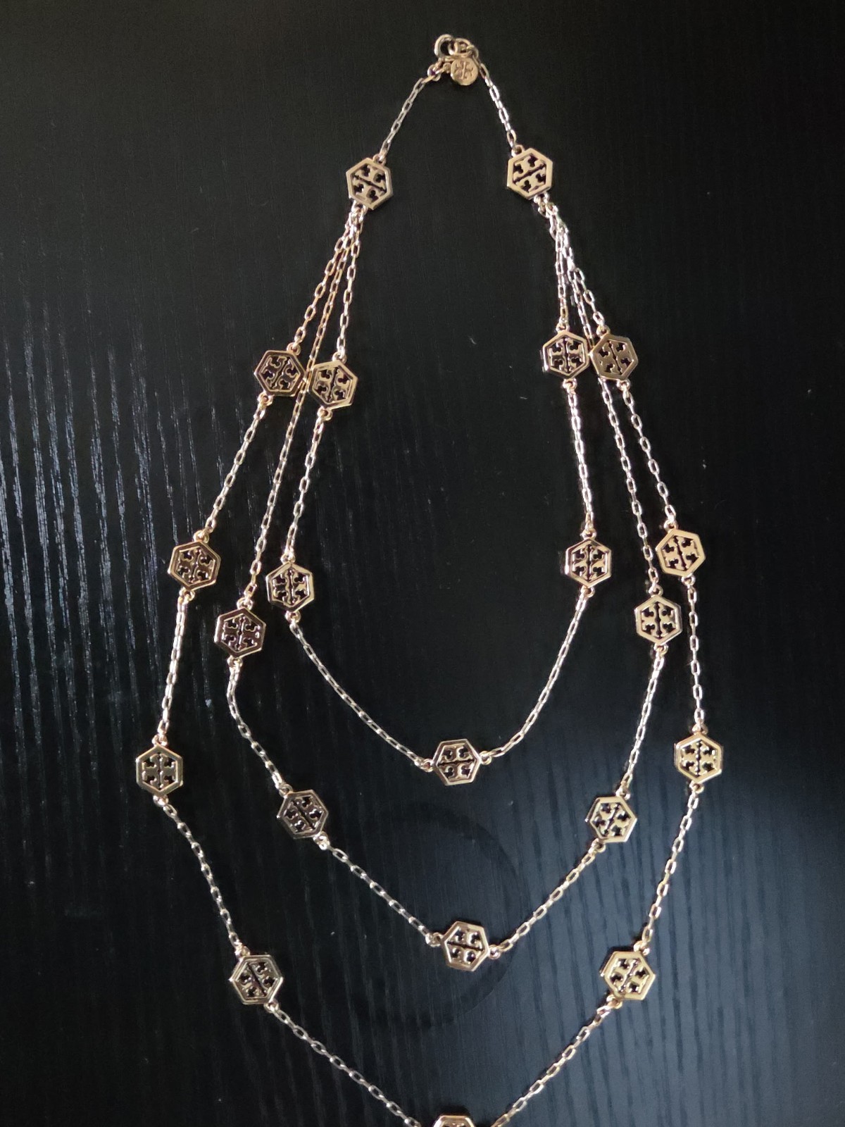 Tory Burch Gold Tone Layered Multi-Strand Cable Chain Necklace Geometric Charm