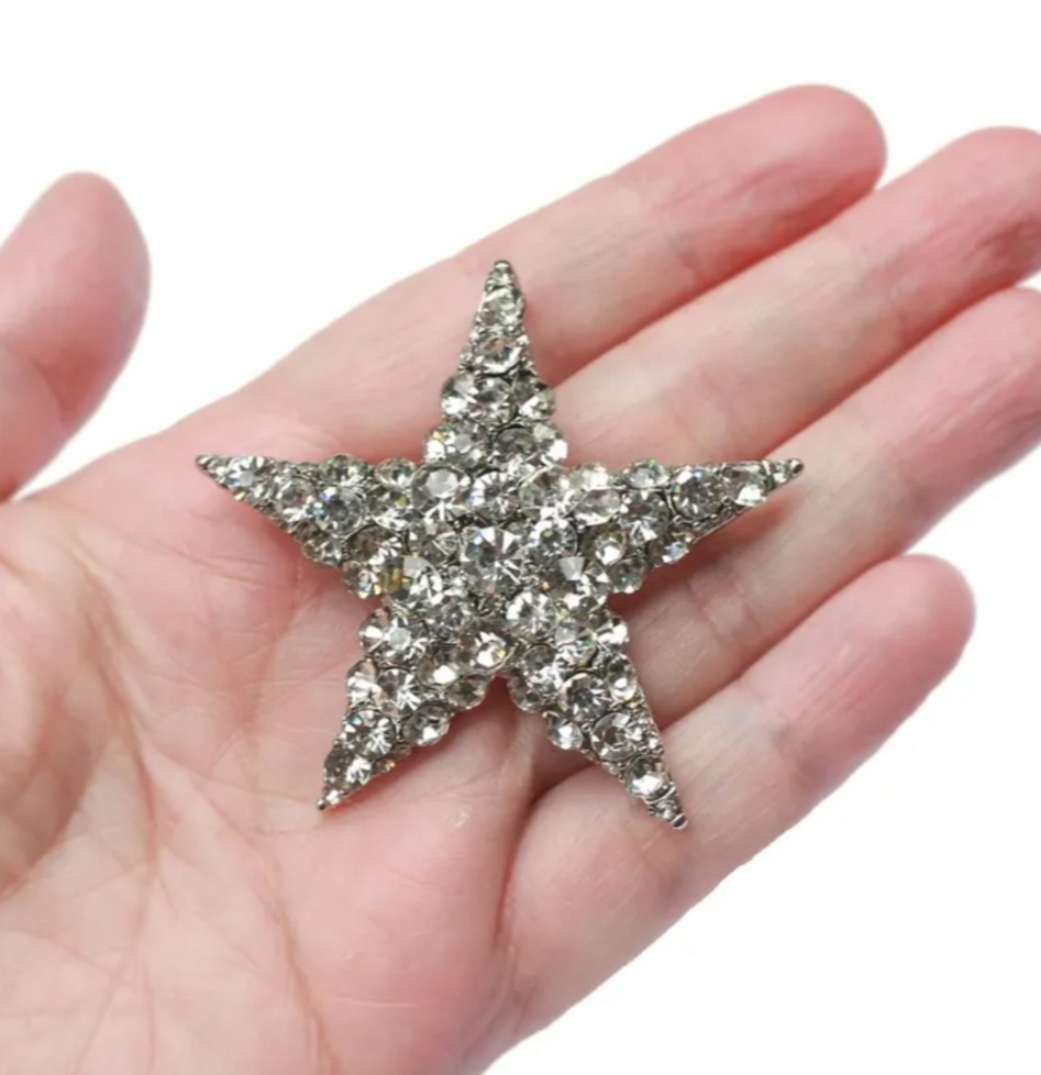 CLEAR CRYSTAL RHINESTONE SILVER STAR PIN BROOCH PENDANT~CHRISTMAS HOLIDAY GIFT