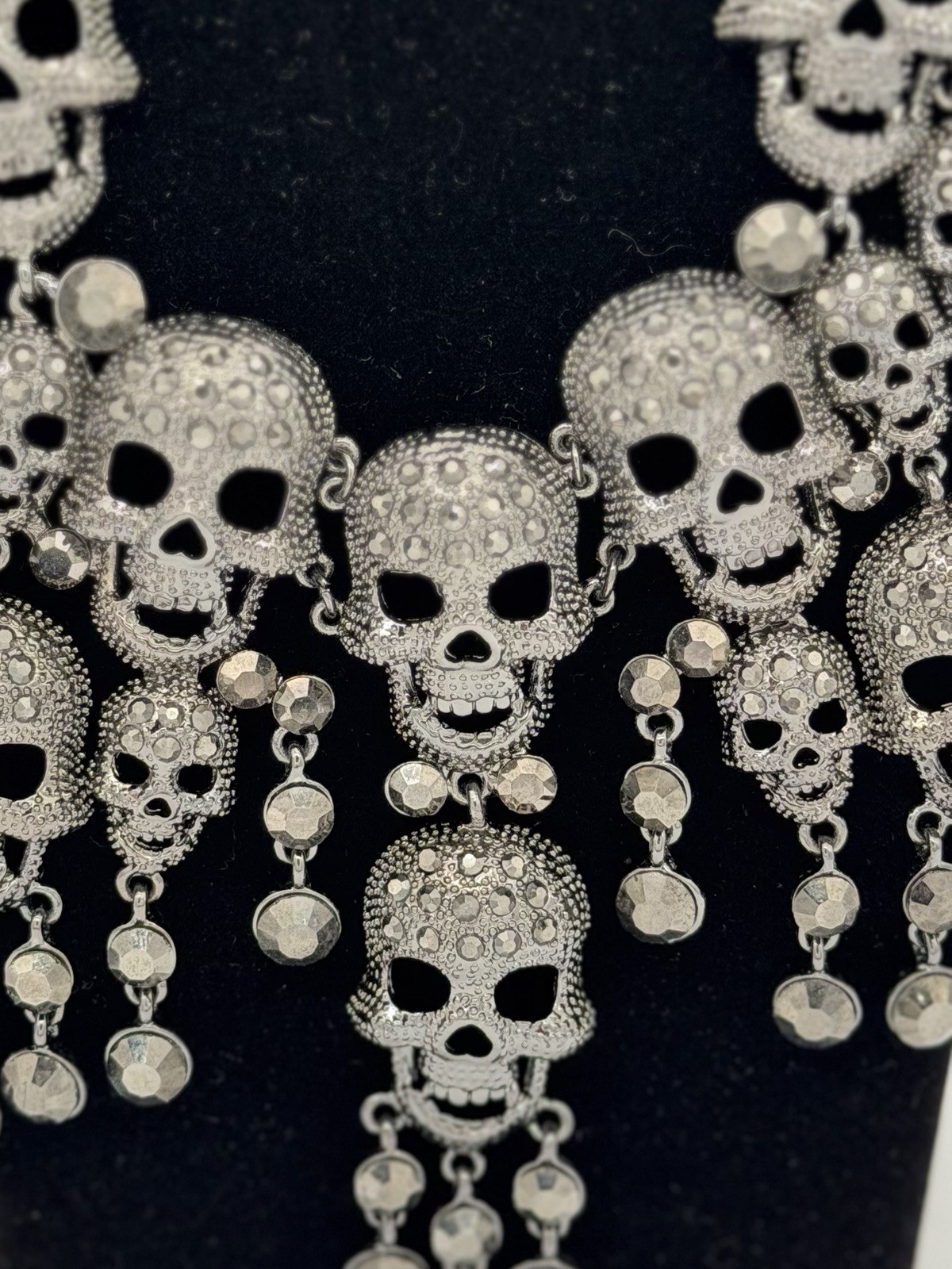 Natasha Statement Bib Necklace Gunmetal Crystal Rhinestone Skulls Gothic