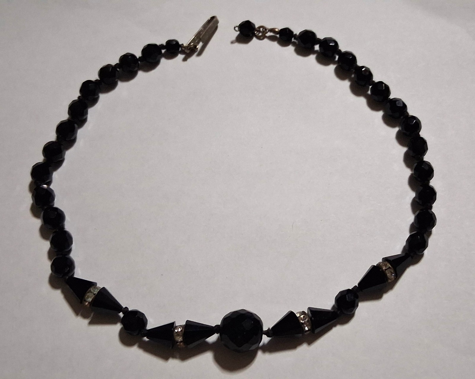 Deco Necklace VTG Austrian Crystal Black Faceted Beads wt Rhinestone Spacers