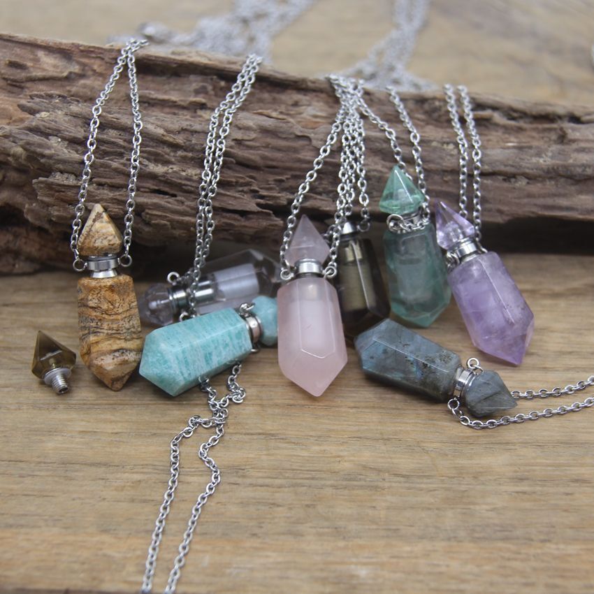 Double Pointed Perfume Bottle Pendant Vial Labradorite Pendants DIY Necklace 1Pc