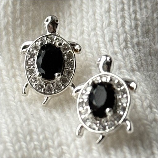 Silver Tone Turtle Stud Earrings with Black Oval Gemstone and Rhinestone
