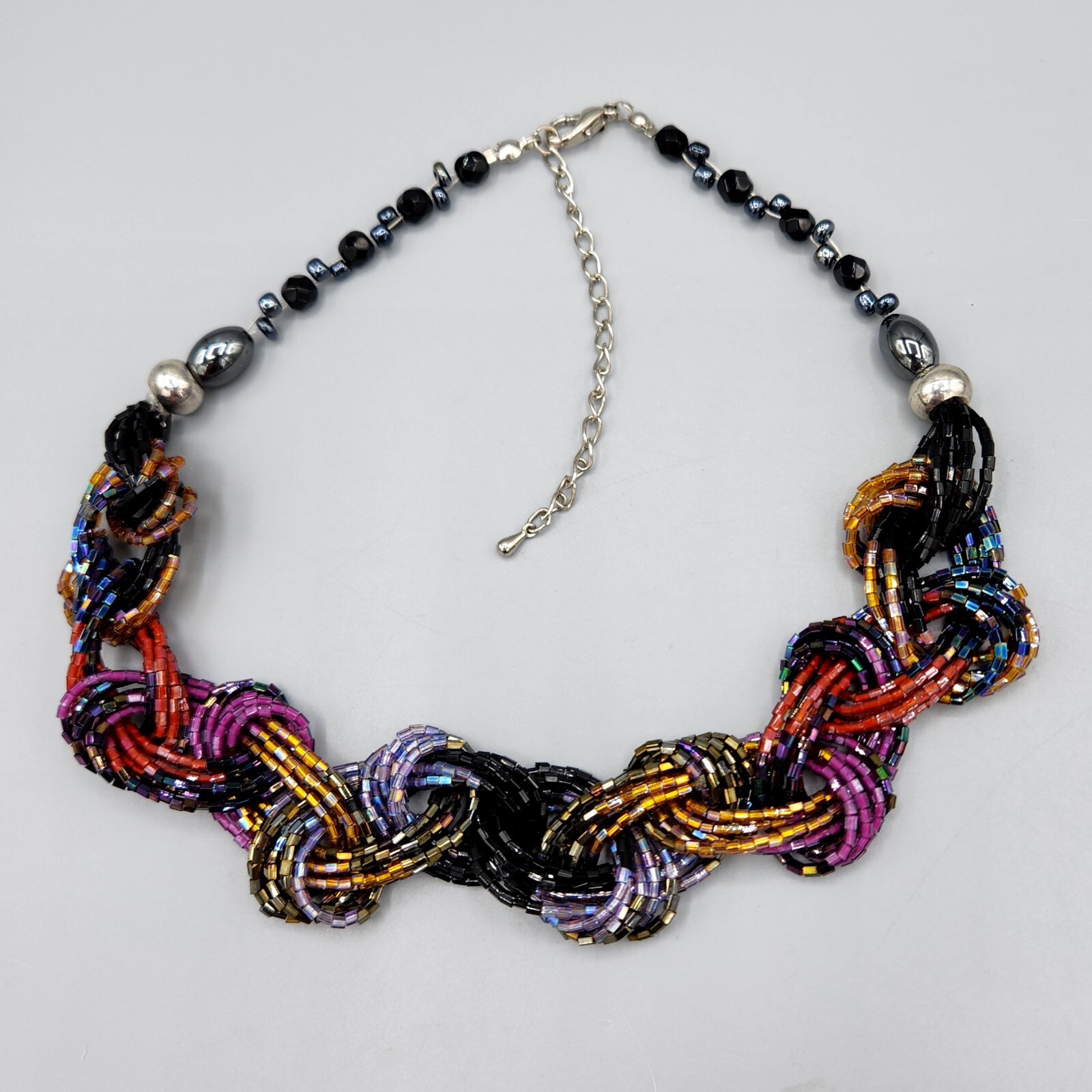 Artisan Multi Color Jewel Tone Fire Glazed Glass Bead Braided Necklace 19″