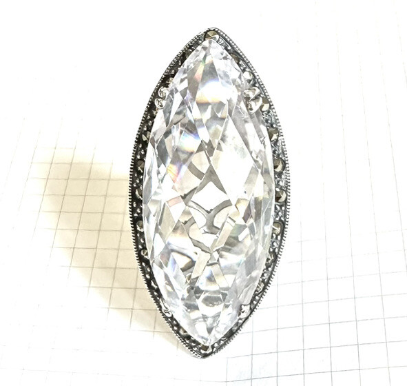 (SIZE 6,7,8,9) HUGE Marquise Clear CZ STONE RING Marcasite .925 STERLING SILVER