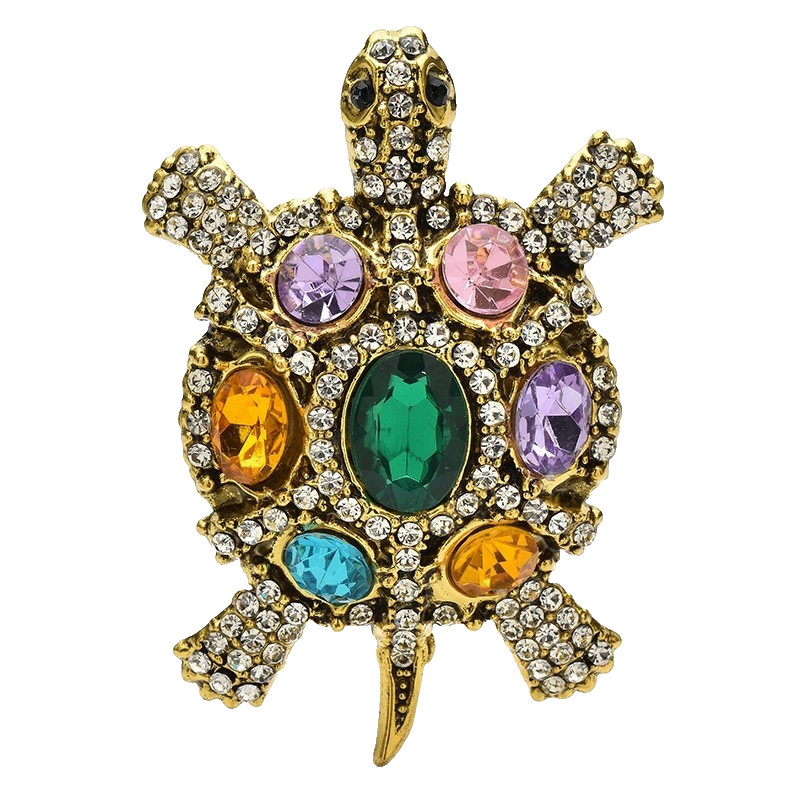 Multicolor Crystal Turtle Tortoise Brooch Pin Gold Tone Rhinestone Sea Turtle