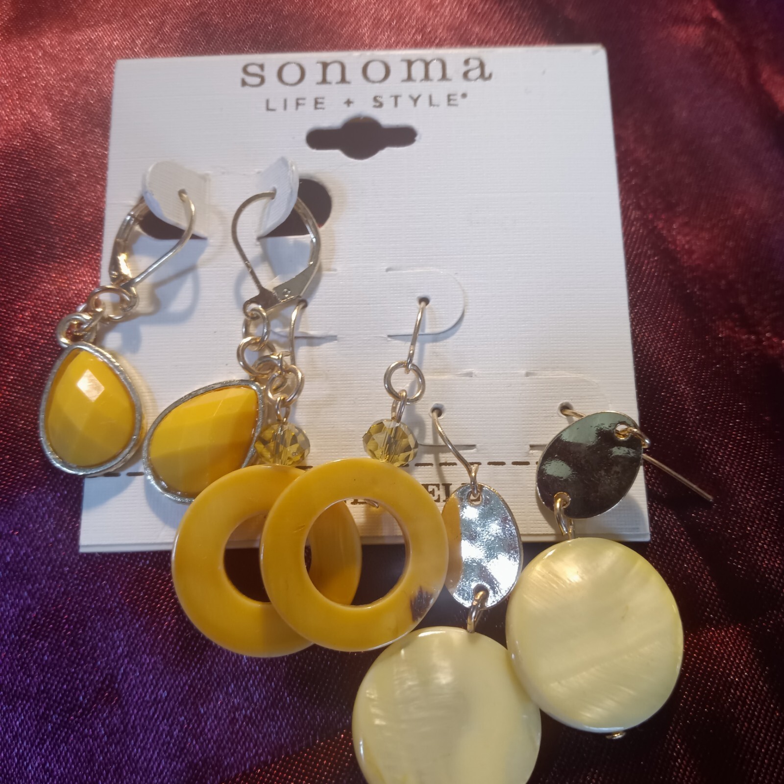 3 Pairs Sonoma Life + Style Dangling Hook Earrings-NWT Shades Yellow and Gold.