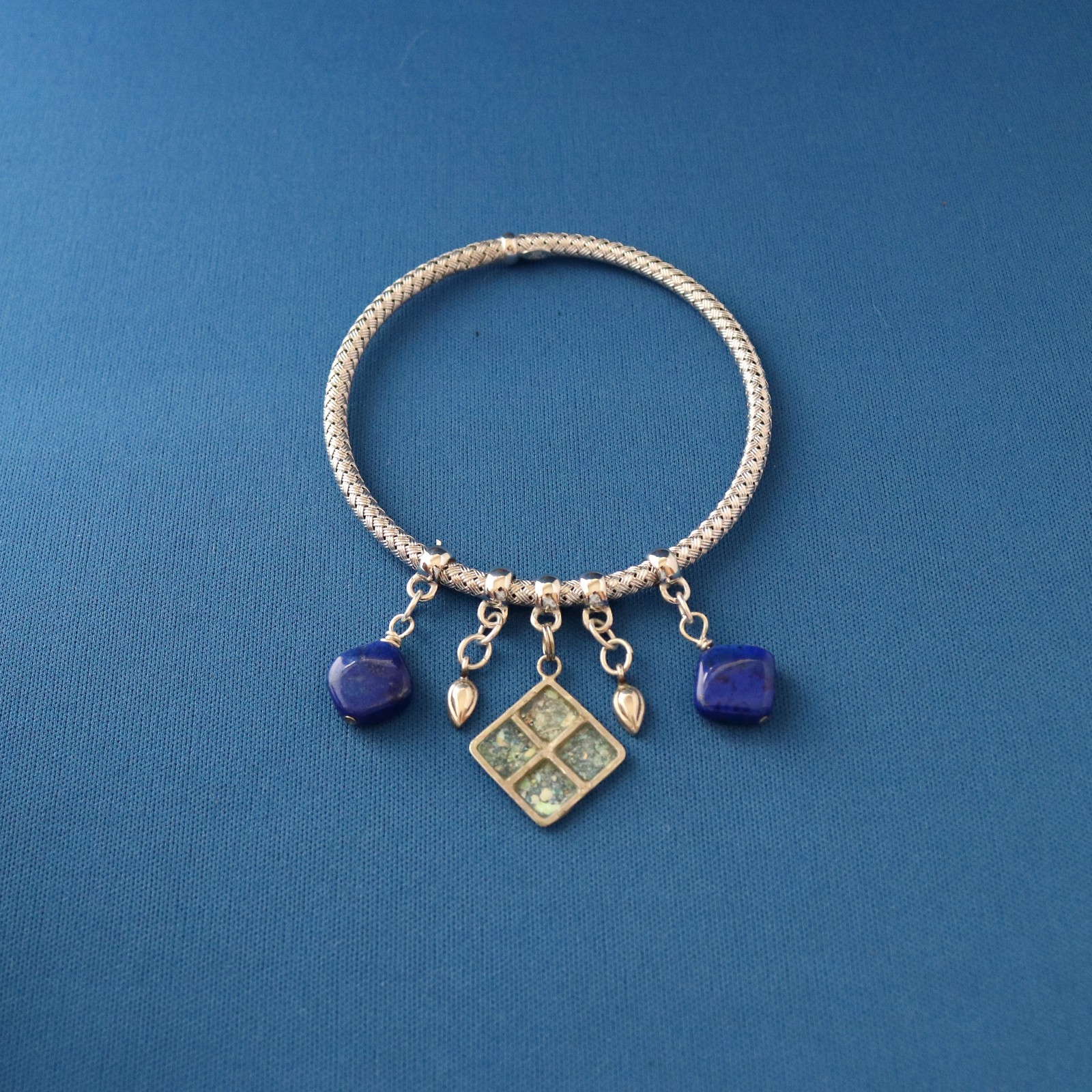 Ancient Roman Glass and Lapis Lazuli Silver Bangle Bracelet