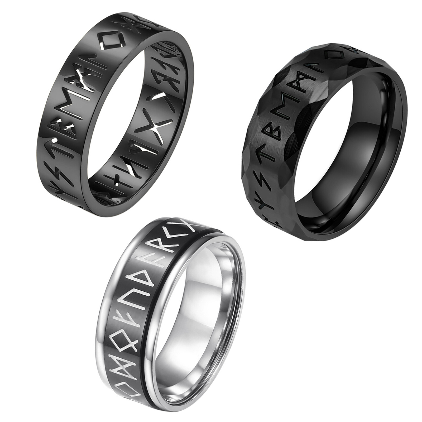3PCS Mens Norse Viking Runes Stainless Steel Ring 8MM Spinner Anxiety Band #6-12