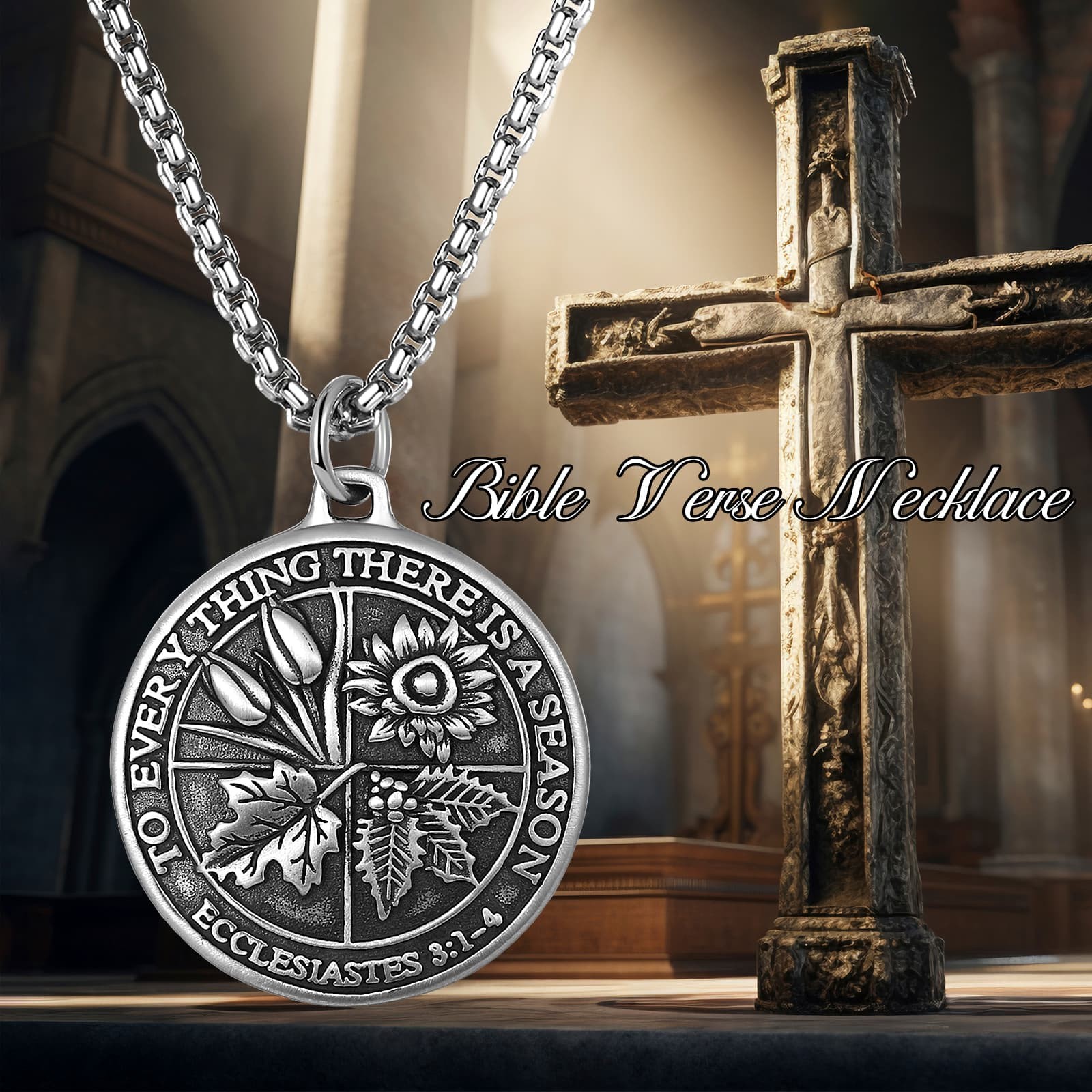 Mens Ecclesiastes 3:11 Bible Verse Herbal Embossed Stainless Steel Coin Necklace