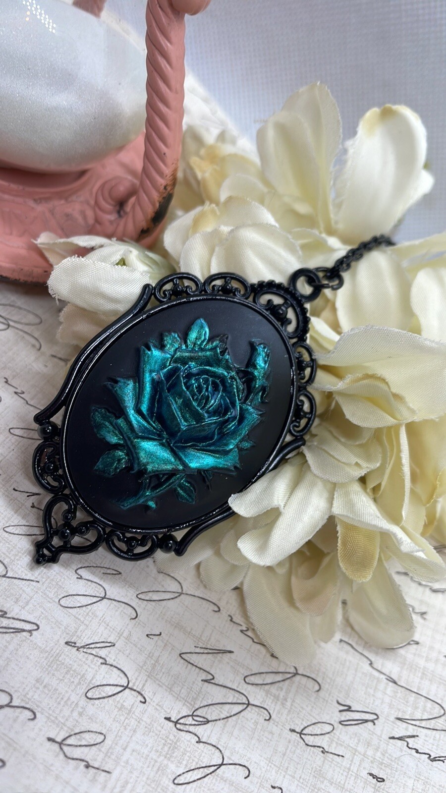Teal Iridescent Rose Gothic CHRISTMAS Cameo Green Necklace Pendant Victorian